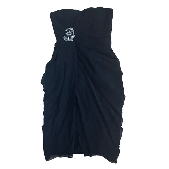 Draped Chiffon Black Cocktail Dress Rhinestone Bustier Strapless Bra Insert Sz 6 - Picture 1 of 13